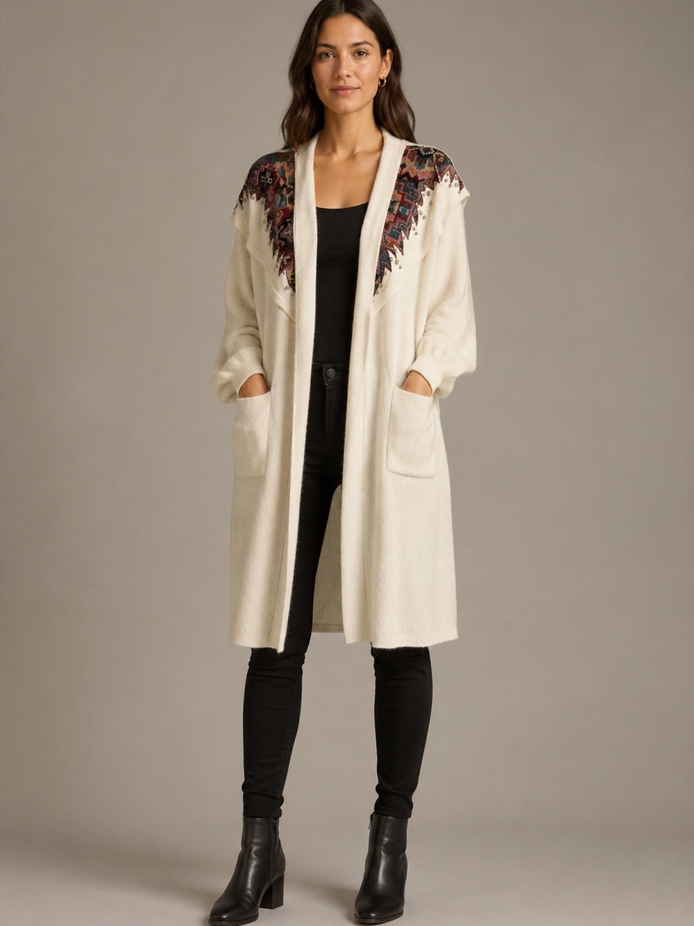 Marshall Rousso Las Vegas Southwest Open Front Cardigan Sweater Ivory OSFM